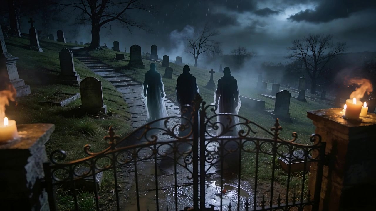 La luce della luna illumina tre figure in abiti incappucciati che camminano lungo un sentiero del cimitero verso una croce, con candele accese.