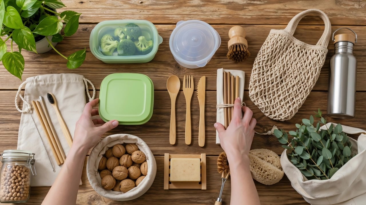 Vista dall'alto di mani che organizzano contenitori per il pranzo riutilizzabili, sostenibili ed ecologici e posate di bambù.