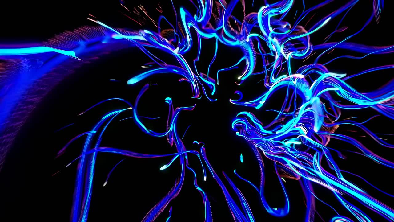 Abstract video with swirling blue neon lights against a dark background, captured from a top-down