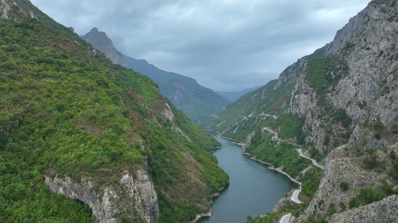 Shala (Shalë) River Canyon Landscape - Aerial Dolly In - Cloudy Day