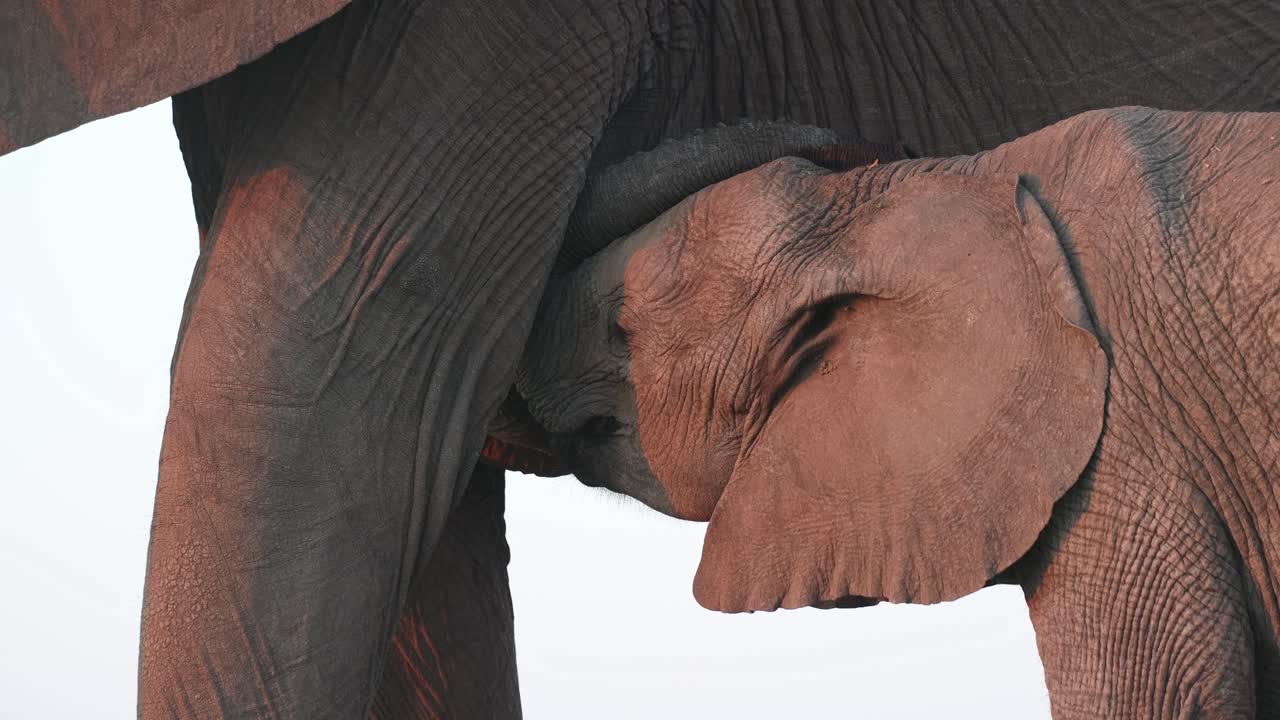 Closeup of an African elephant mother nursing her calf, Mashatu Game Reserve.