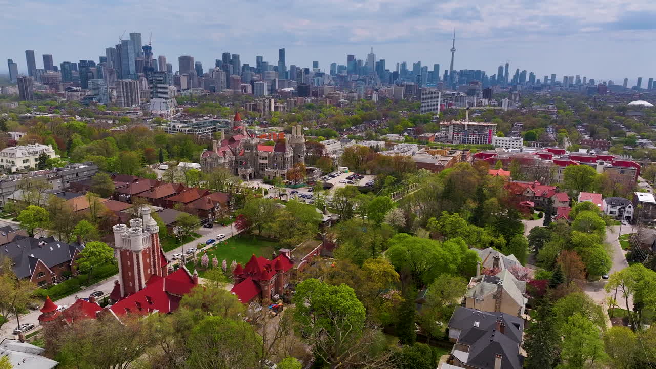 Aerial shot tracking right of Toronto cityscape with Casa Loma and CN Tower in view