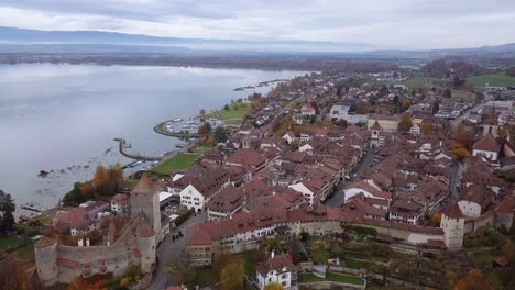 Panoramic aerial view of the old City of Murten and Lake Murten, Switzerland