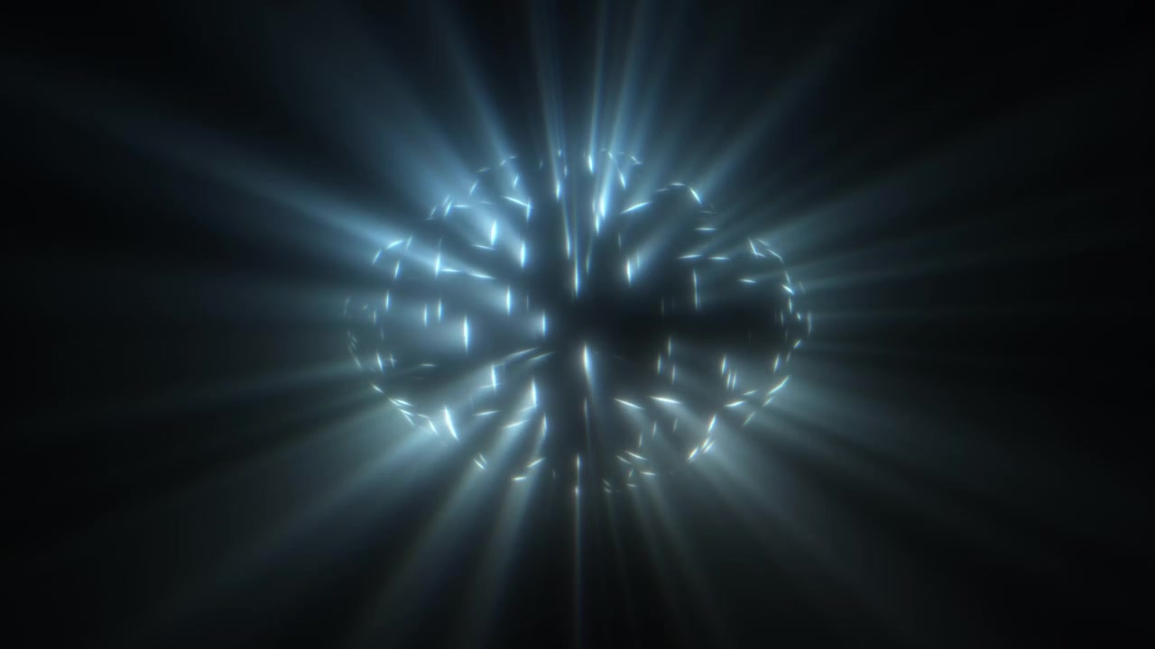 Particelle blu deformate che emettono raggi di luce, ruotano e si ripiegano verso l'interno. Forma astratta di UFO con bagliori di energia su sfondo nero.