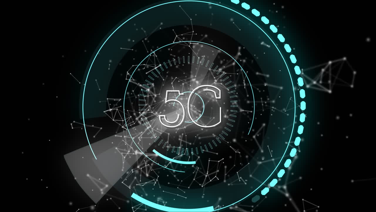 linee asimmetriche e 5g scritti nel mezzo di un cerchio futuristico