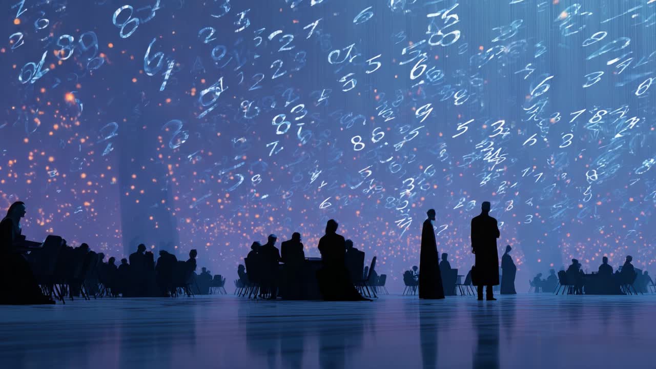 Futuristic event showcasing an immersive digital art installation with floating holographic numbers. Anonymous silhouettes of an audience watching a high tech presentation about finance and big data