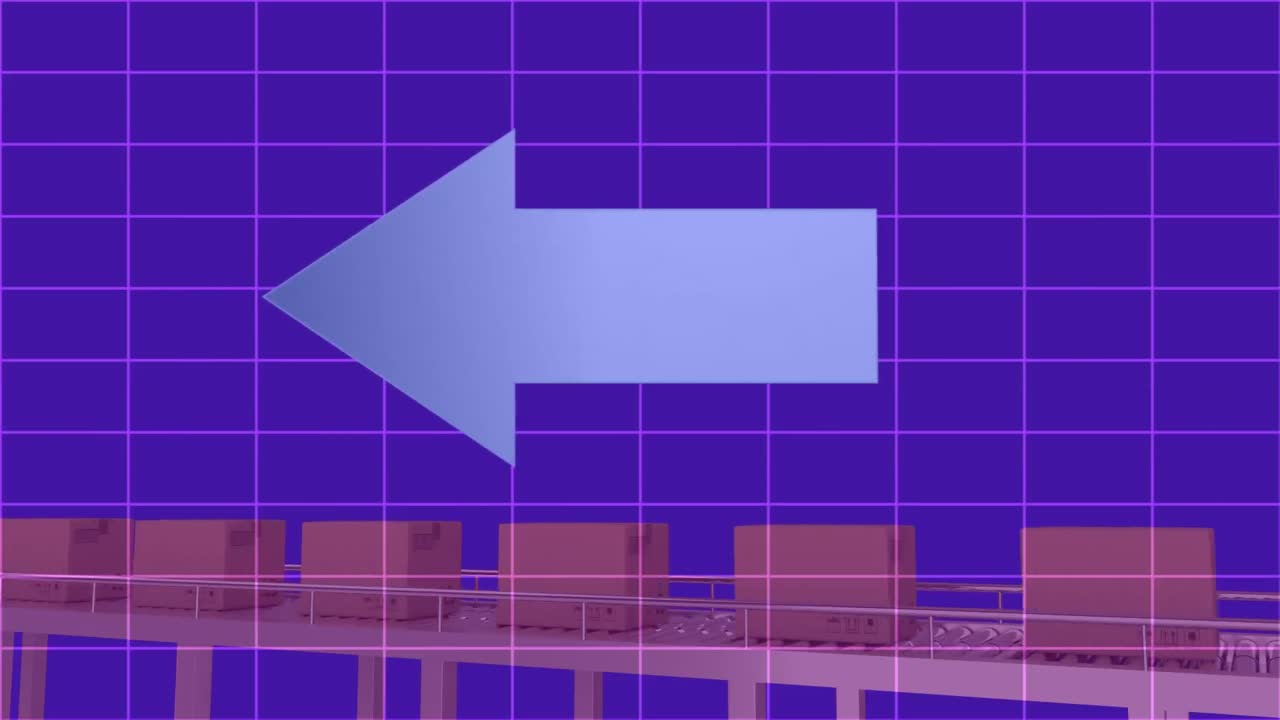 화살표 아이콘은 파란색 배경에 컨베이어 벨트에 있는 여러 상자 위에 그리드 네트워크에서 이동합니다.