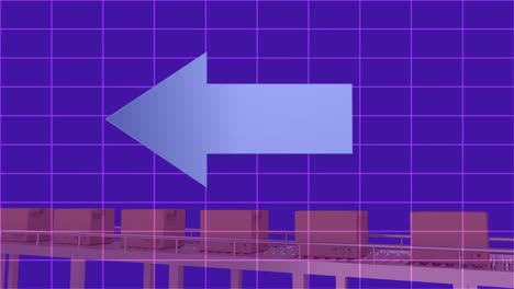icono de flecha moviéndose en la red de cuadrícula sobre varias cajas en la cinta transportadora contra un fondo azul