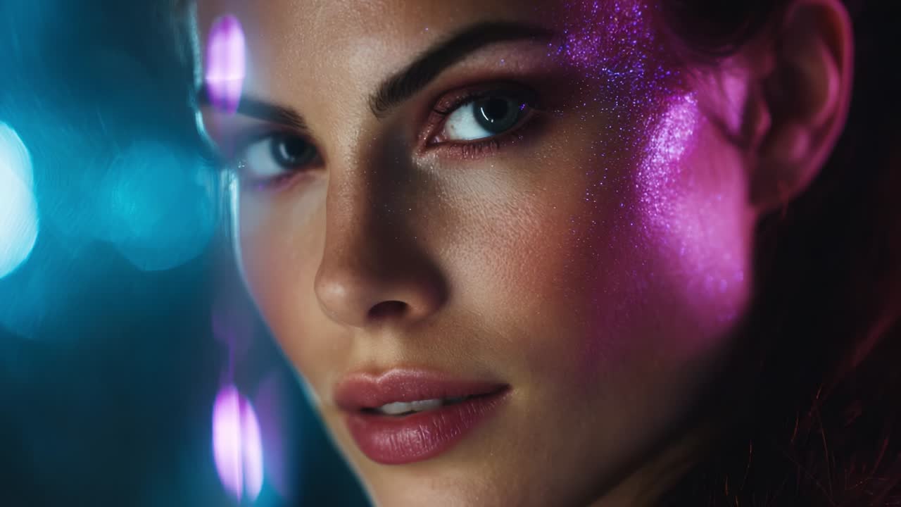 Glamorous woman portrait with blue and pink lighting
