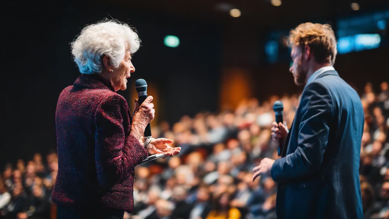 Dialogo Coinvolgente sul Palco: Uno Scambio Dinamico tra Due Relatori a una Conferenza, che Cattura il Pubblico con le Loro Intuizioni e Storie