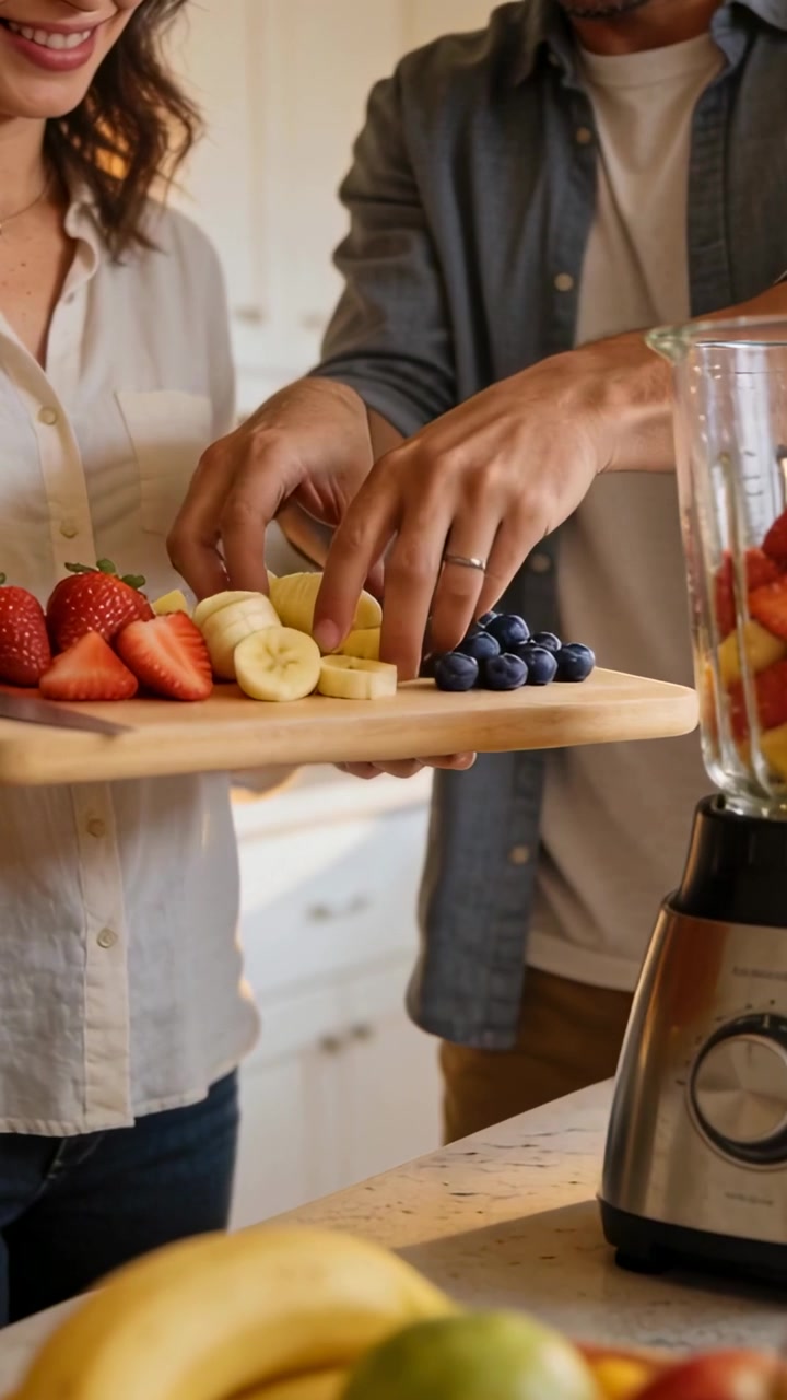 Video verticale: Coppia che aggiunge frutta nel frullatore in cucina, con tagliere, preparando il frullato.