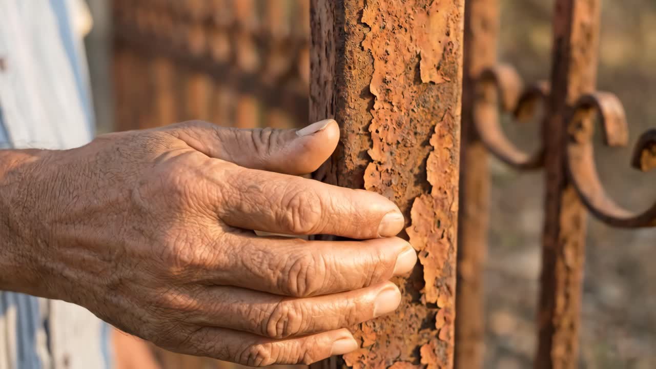 Primo piano di una mano anziana appoggiata su un cancello di metallo arrugginito