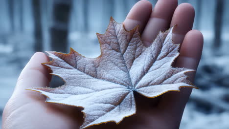 frosted maple leaf held in hand during winter