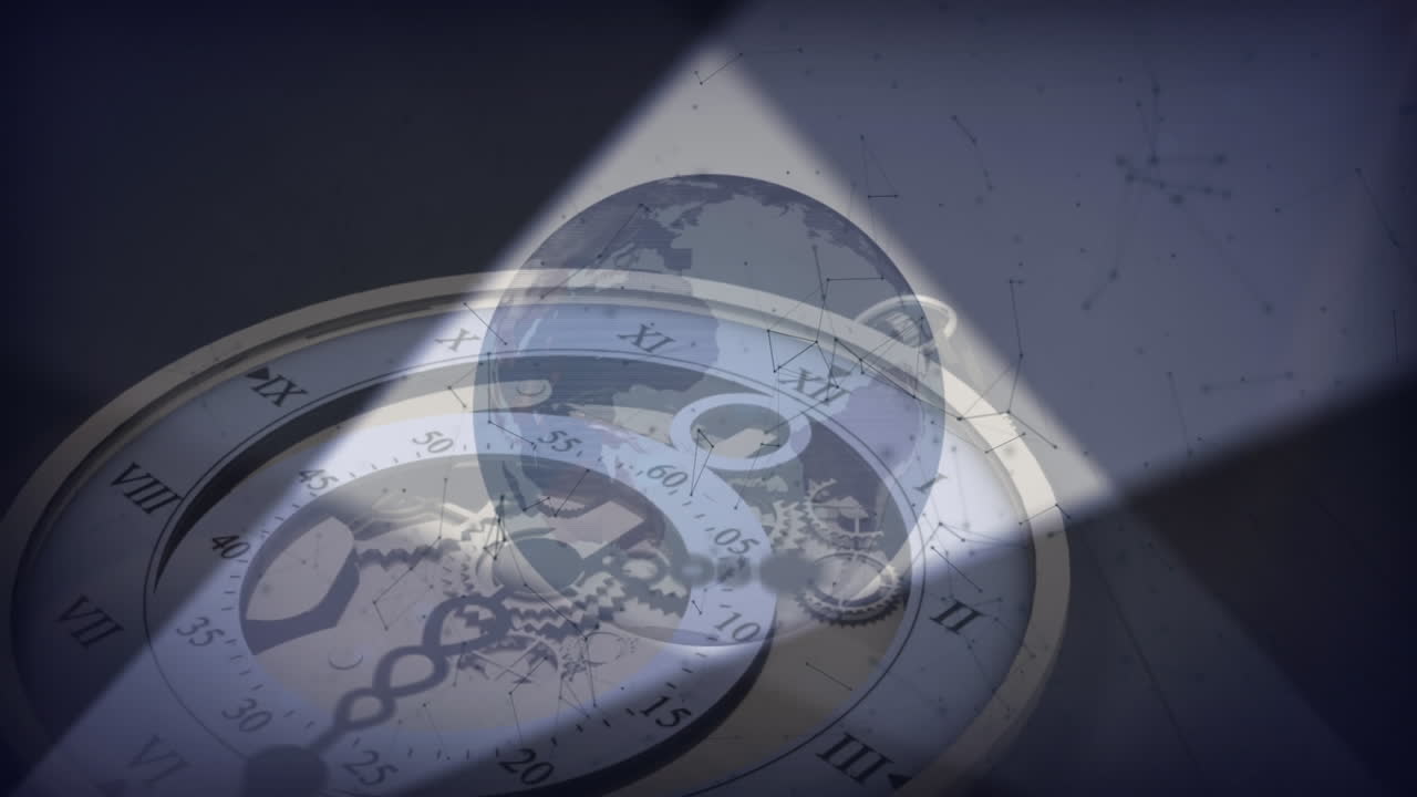 이동 시계 위의 연결 네트워크와 지구의 애니메이션