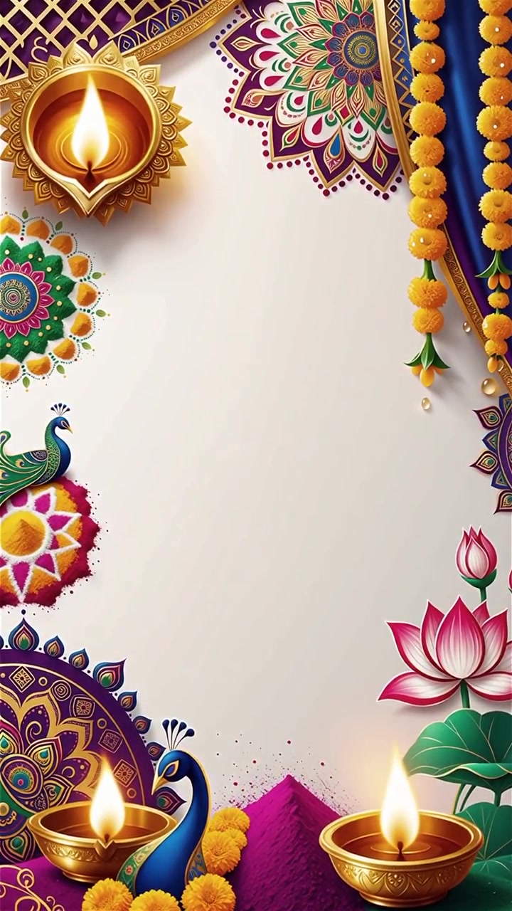 Sfondo Diwali con Diyas luminosi, Rangoli e fiori di loto