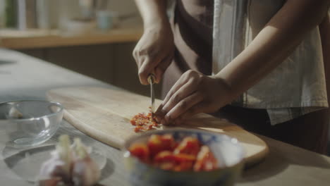 close-up of hands chopping vegetables on a cutting board in a kitchen