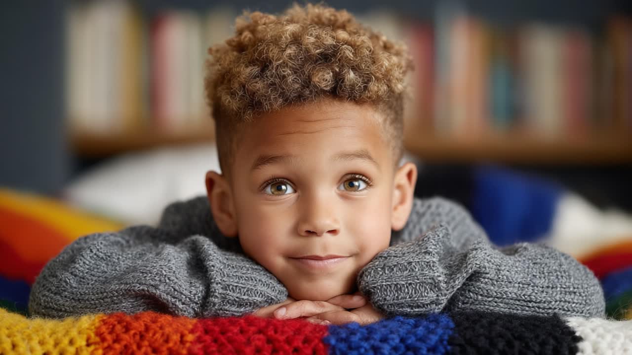 Un momento commovente: un bambino con i capelli ricci che esprime curiosità e gioia mentre è sdraiato su una colorata coperta di maglia in un ambiente accogliente