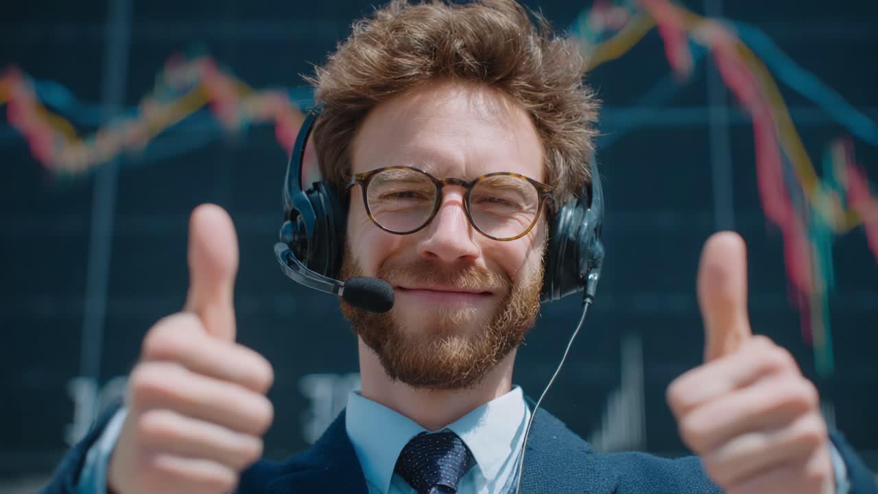 A Confident Financial Advisor Celebrates Success with Double Thumbs Up in Front of Stock Market Analysis Charts, Signifying Positive Trends and Client Satisfaction