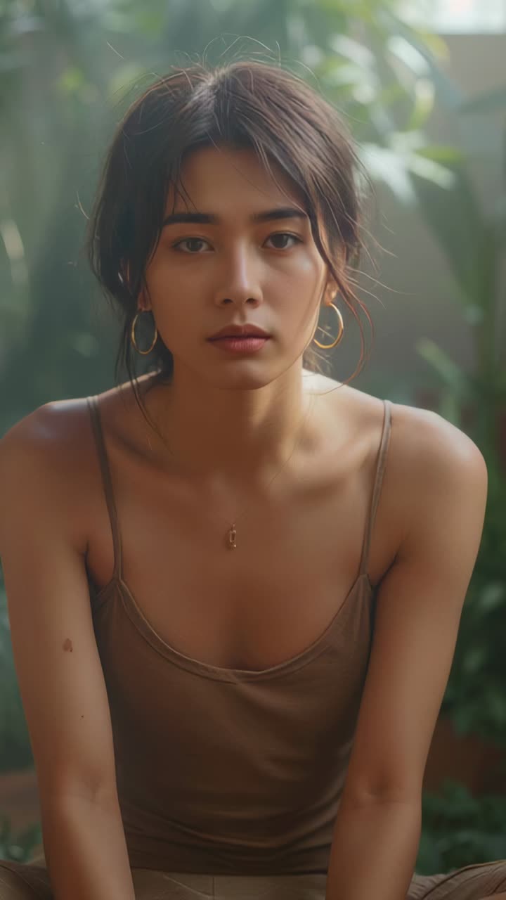 Vertical video: Reacting to cue woman in brown cami raising gaze smiling in plant room gold hoops