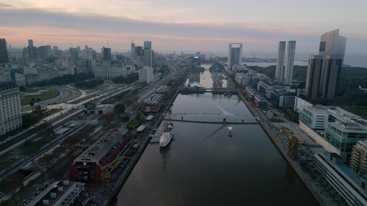 Aerial drone view at sunset oof the port in the suburb of Puerto Madero, Buenos Aires, Argentina