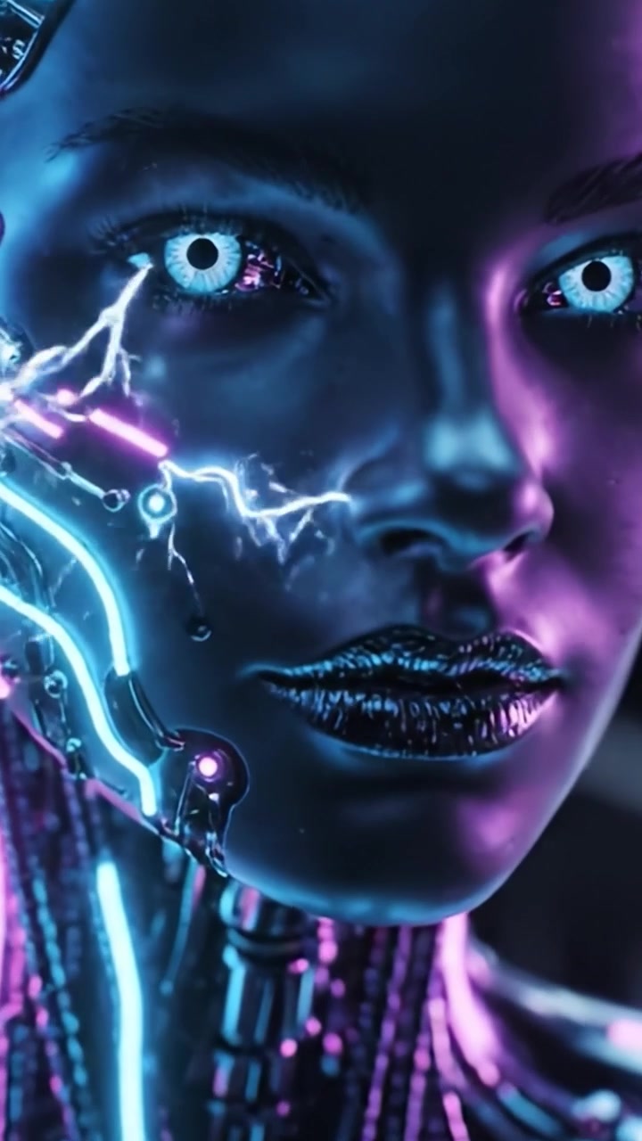 Uno Sguardo al Futuro: L'Evoluzione di un Essere Cibernetico, Che Fonde Caratteristiche Umane con Tecnologia Avanzata e Vibrante Illuminazione al Neon in un Ambiente Futuristico