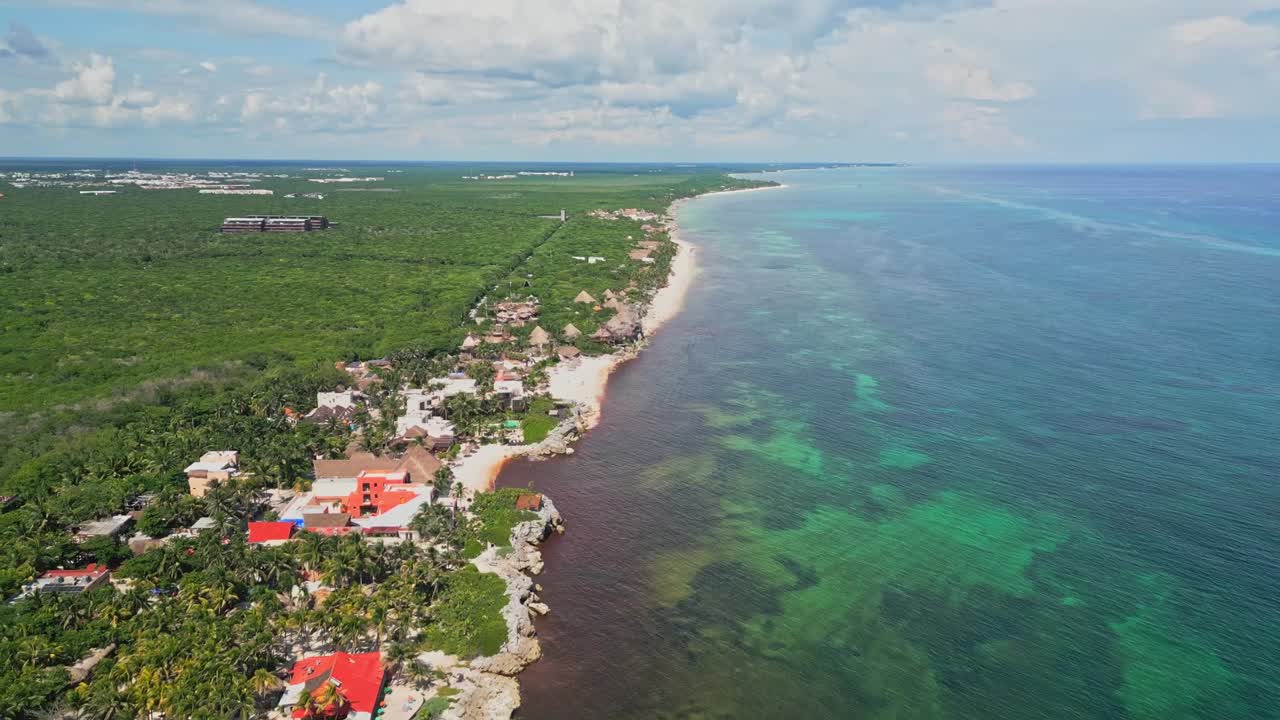Above View Of Huge Mounds Of Rotten Seaweed Spoil Pristine Beaches In Tulum, Mexico. Aerial Pullback Shot
