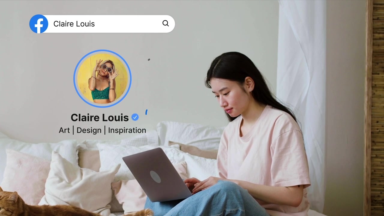 ノートパソコンを使ってFacebookでプロフィールを検索する若い女性