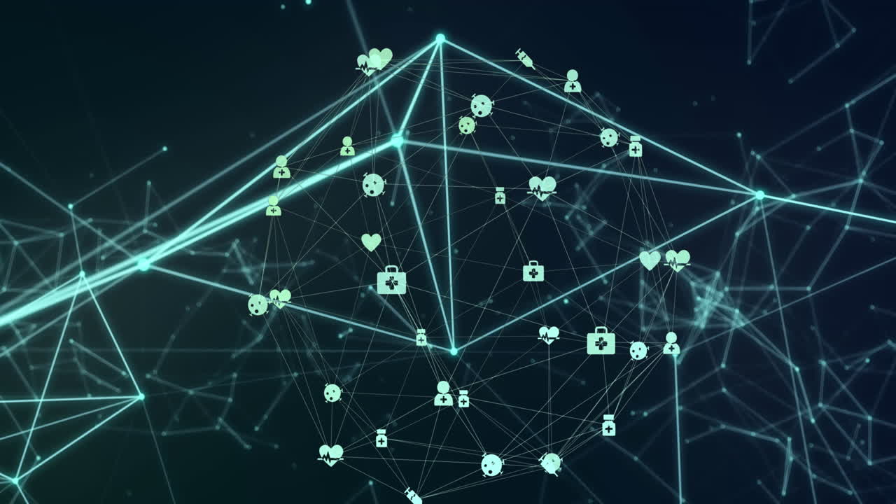 Animation of medical icons connecting with lines and forming globe over connected dots