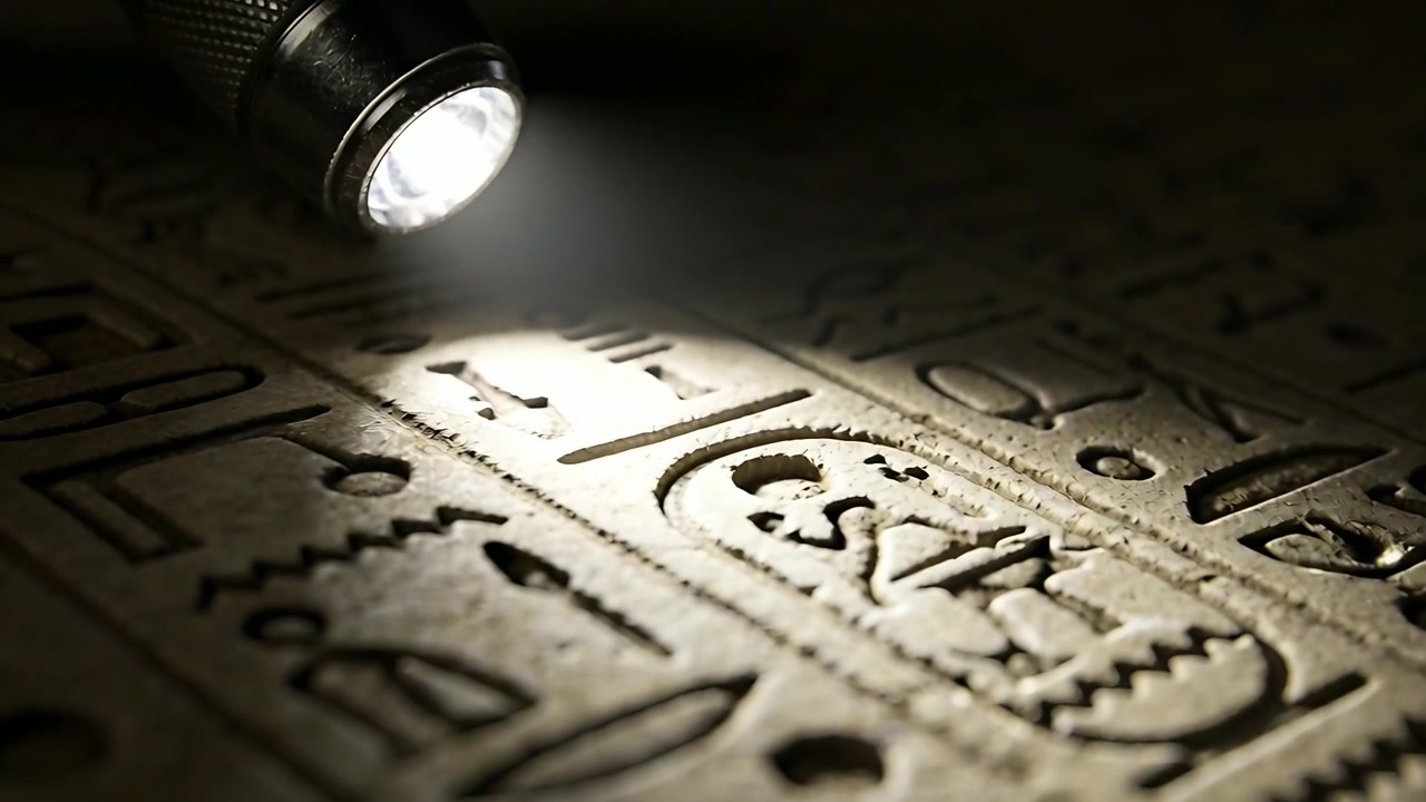 Pieni taskulamppu valaisee kivilaattaa pimeässä laboratoriossa, näyttää kartussin ja hieroglyfejä tutkimusta varten.