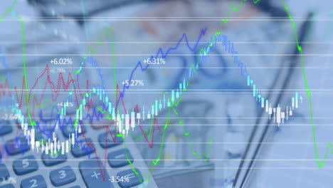 animation of financial data processing over calculator and euro currency bills