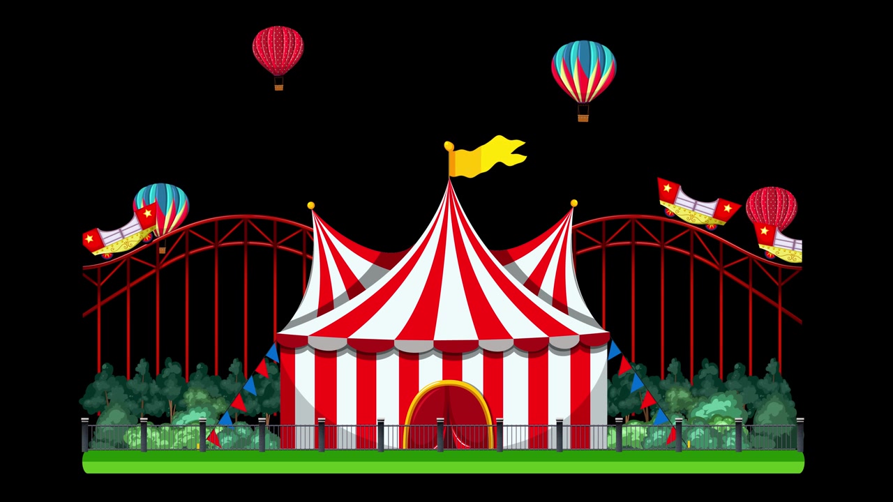A vibrant 2D cartoon amusement park animation with moving roller coasters and floating balloons