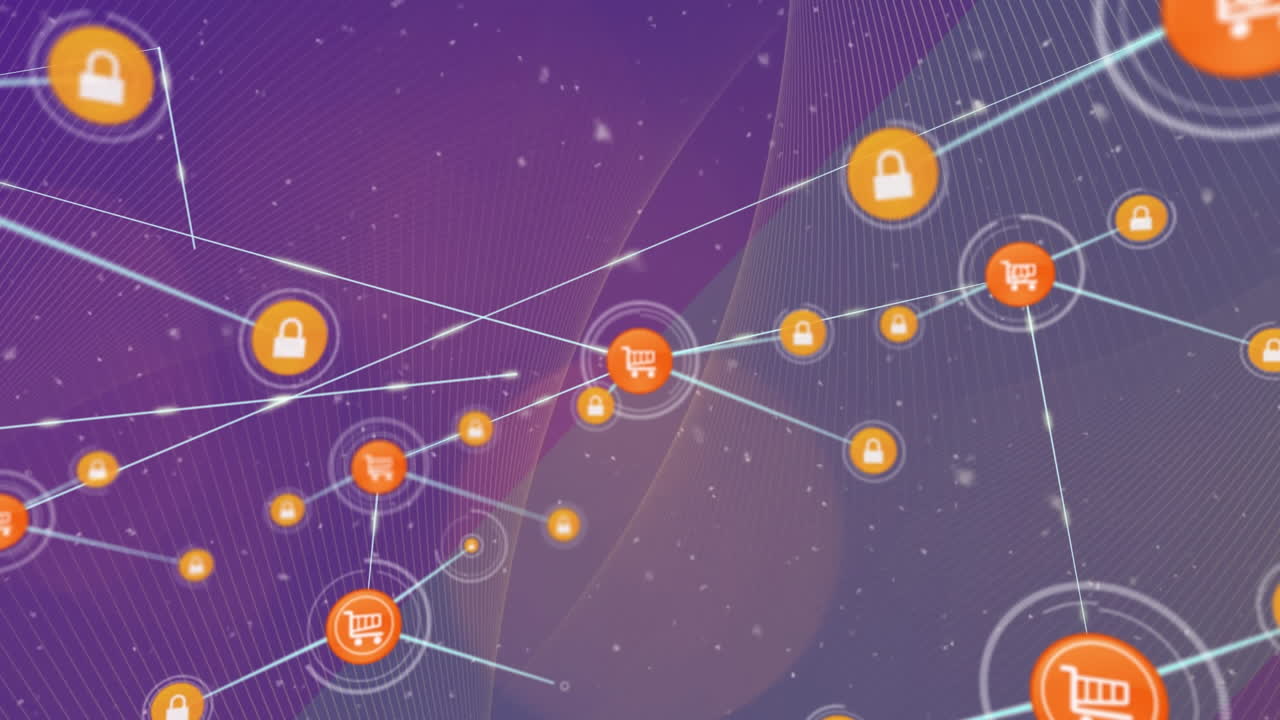 Animazione di particelle bianche su una rete di icone digitali e onde digitali su sfondo viola