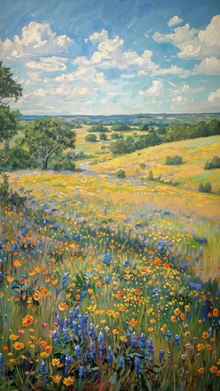 Peinture de paysage éclatante avec des fleurs sauvages au premier plan, vue en contre-plongée