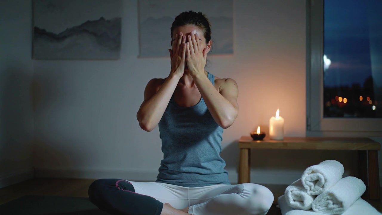 Mujer con camiseta de tirantes apoyando la cara en las palmas sobre una esterilla de yoga a la luz de las velas para descansar.