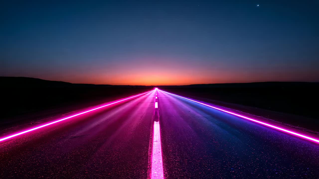 Starting camera showing center road moving toward bright horizon at dusk, white dashes neon lines