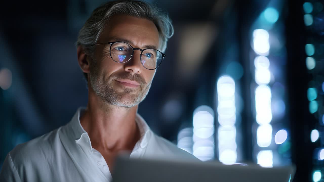 A Tech Savvy Professional in a Server Room Analyzes Data on a Laptop, Radiating Focus and Satisfaction in a Modern Digital Environment Amidst Server Lights