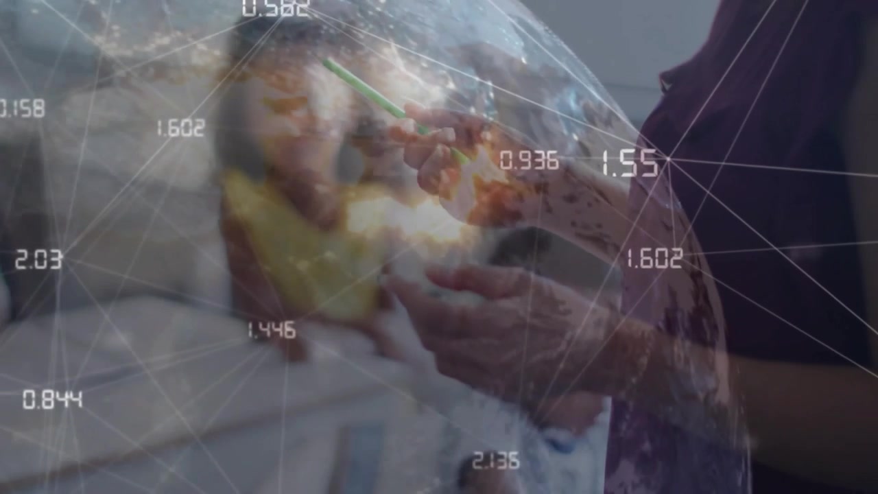 Woman lifting green stick and teaching kids for education, animated globe data shifting in response