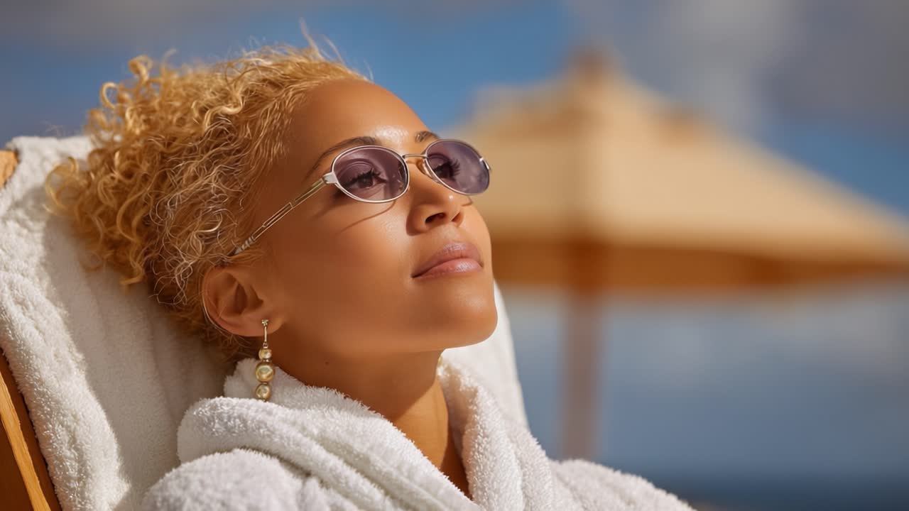 Détente sur une chaise longue de plage : une jeune femme profite du soleil avec des lunettes de soleil élégantes, rayonnant de calme et de joie au milieu d'un magnifique paysage côtier.