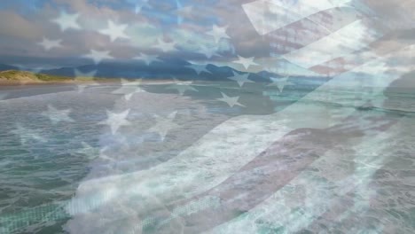 Digital-composition-of-waving-us-flag-against-aerial-view-of-the-beach