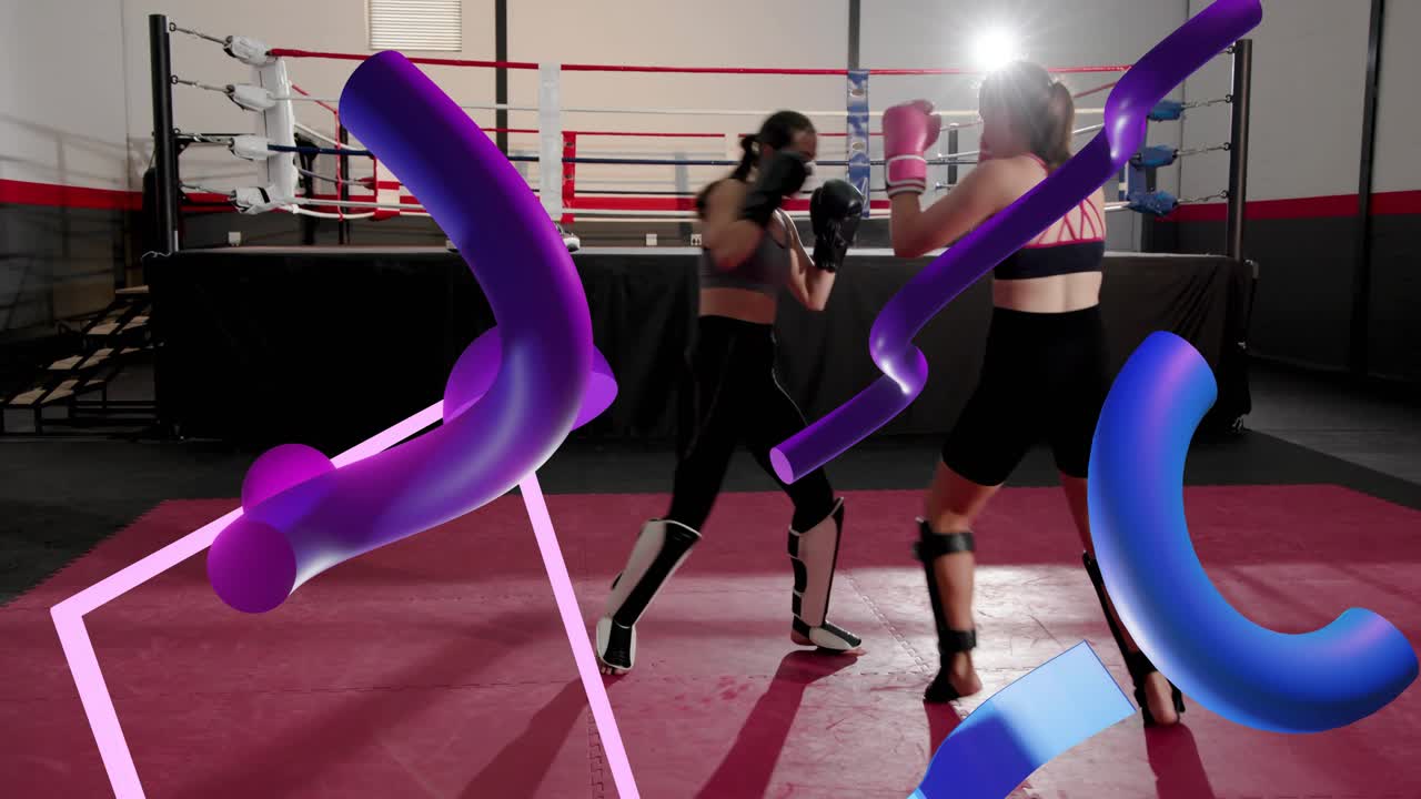 Boxers sparring in ring, pink-gloved boxer starting jabs in training, purple overlays hiding limbs