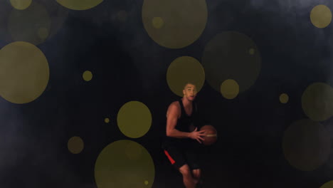 Animation-Eines-Kaukasischen-Basketballspielers,-Der-Einen-Ball-Wirft-Und-Lichtpunkte-Auf-Schwarzem-Hintergrund