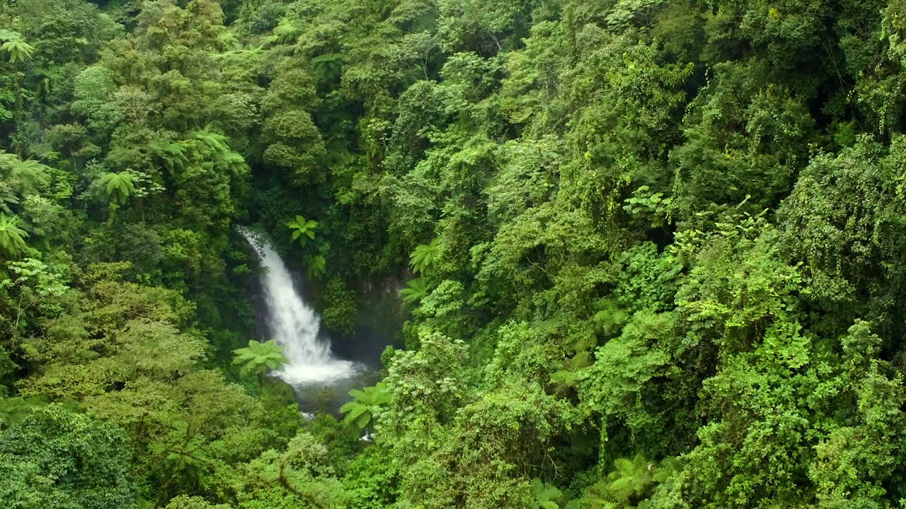 Aerial drone shot of a powerful waterfall surrounded by lush tropical forest. The drone captures the flowing water from above, highlighting the texture and motion of the cascade amid vibrant greenery