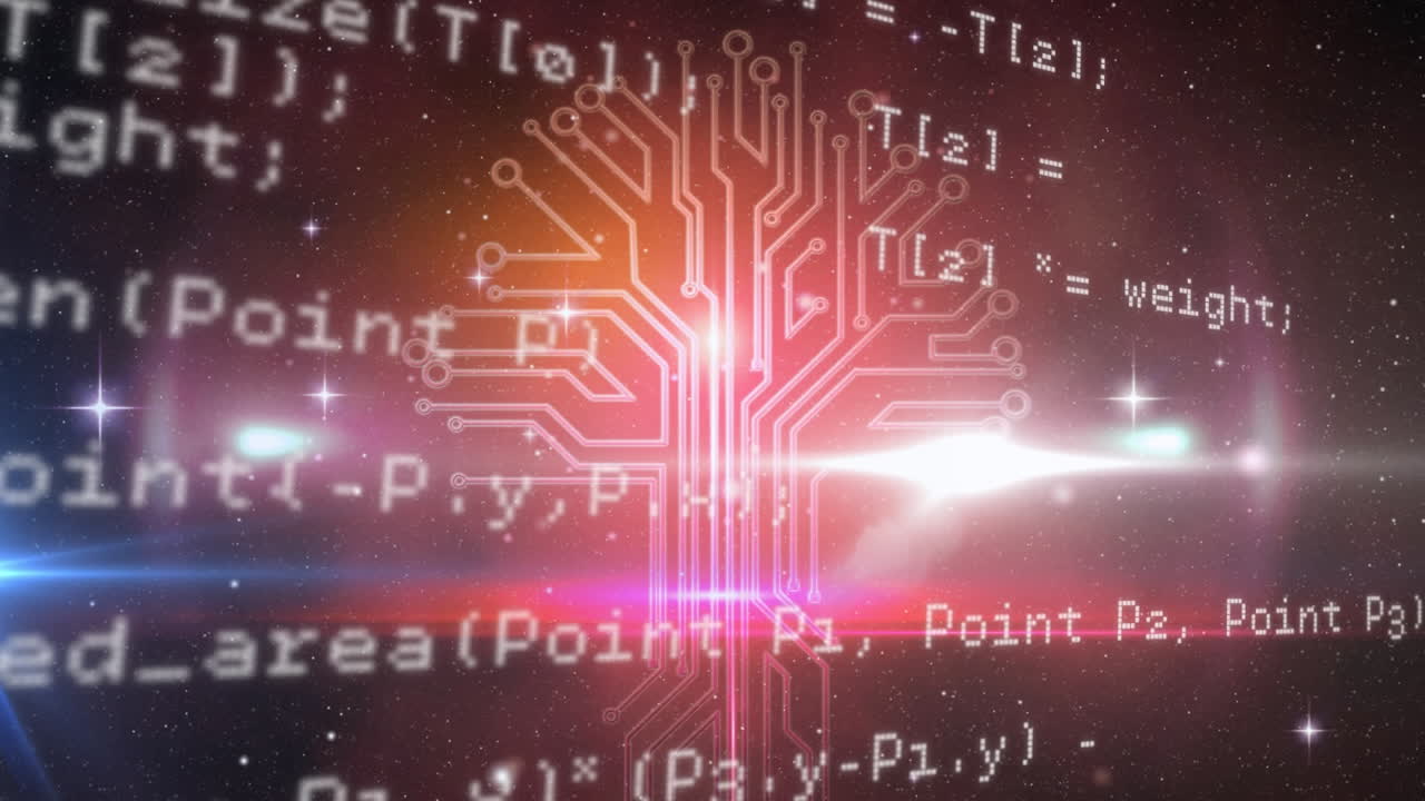 Animation of circuit board elements and data processing with glowing lights