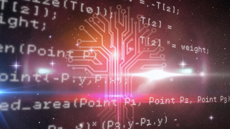 Animation of circuit board elements and data processing with glowing lights
