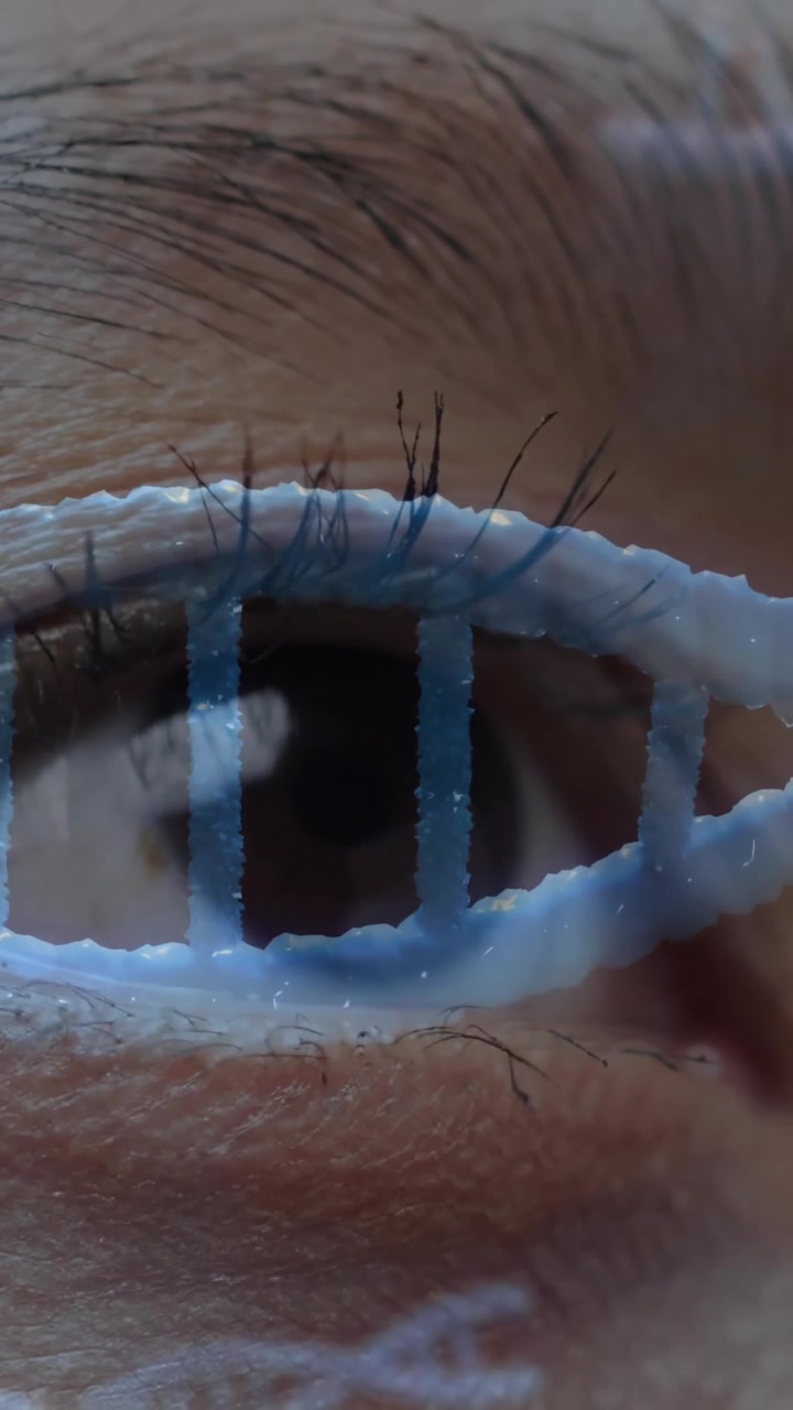 Animazione di un filamento di DNA su primo piano di occhio umano, che evidenzia la connessione genetica.