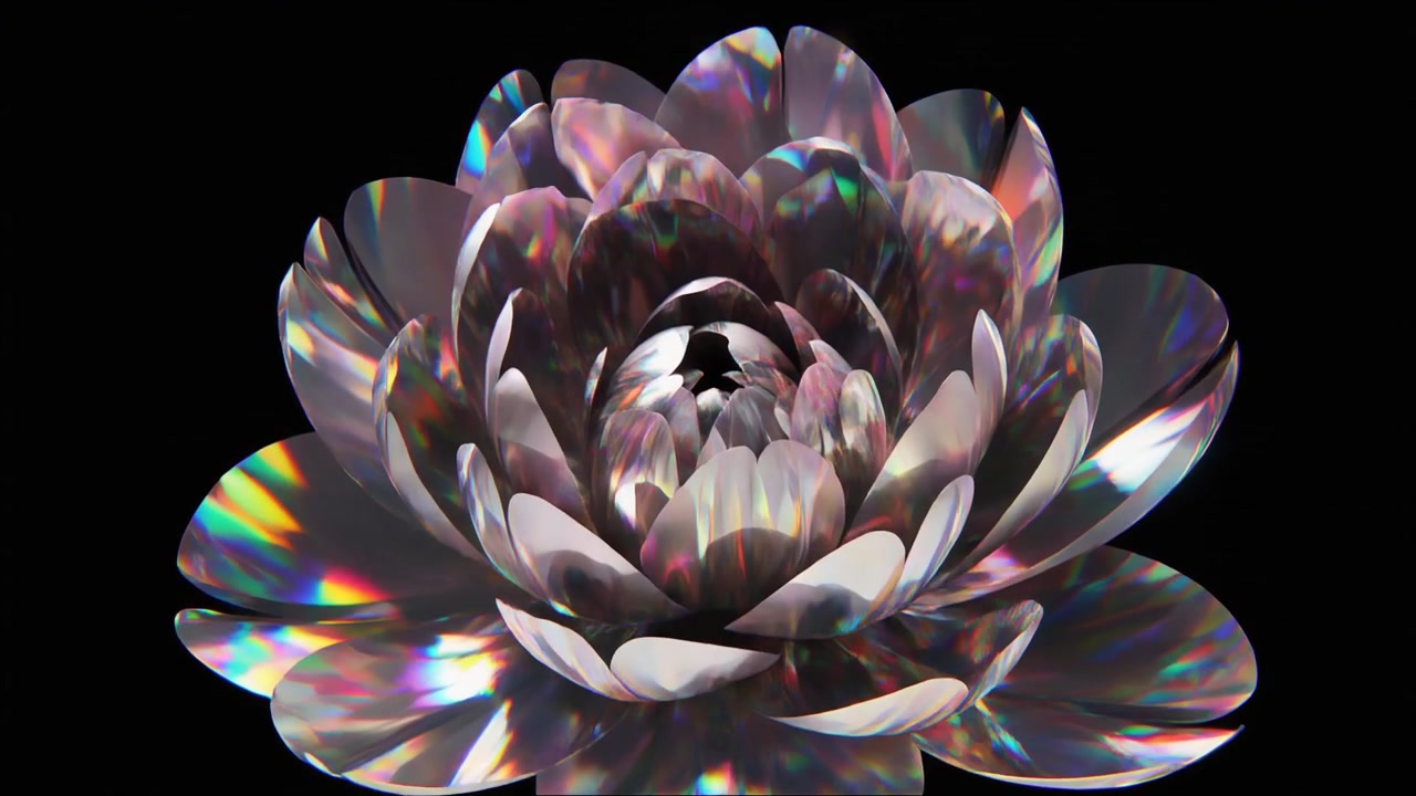 Abstract 3D Animation of a Blooming Iridescent Crystal Flower