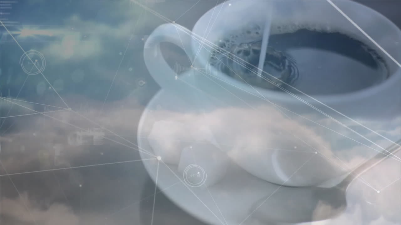 Porcelain coffee cup being filled with milk over cloudy sky, featuring floating data graphics