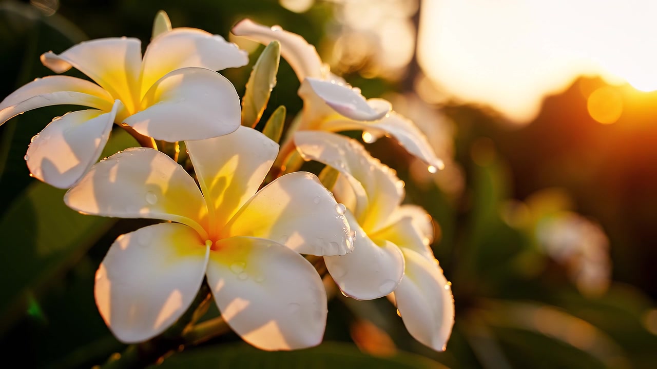 Fiori di Plumeria bianchi nella luce dorata del tramonto con gocce di rugiada