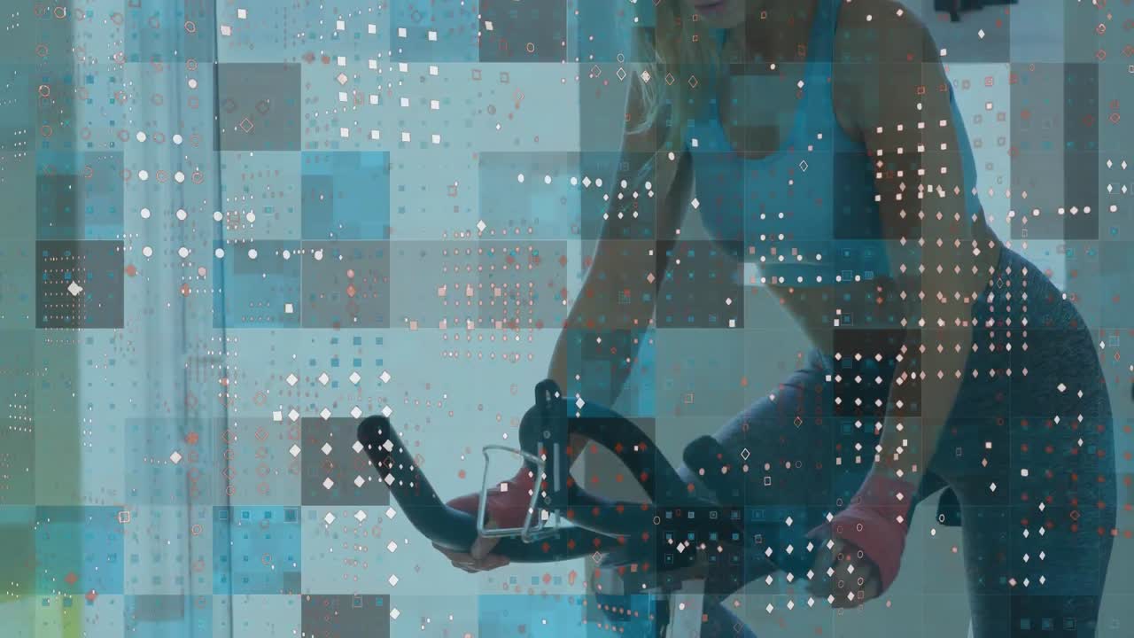 여러 개의  ⁇  점 들 이 정지 된 자전거 를 타고 운동 하는 여자 를 반대 하고 있다