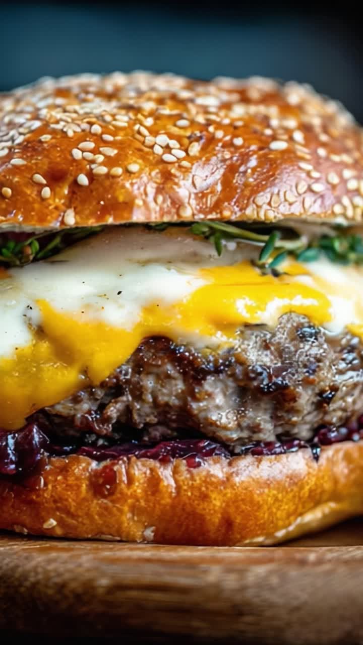 Delizioso hamburger gourmet con polpetta succosa, formaggio fuso, erbe fresche e un soffice panino ai semi di sesamo, immortalato in due splendide inquadrature